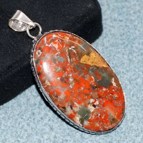 925 Silver Plated Red Jasper Pendant 2.1" Vintage Inspired Design Trendy GW