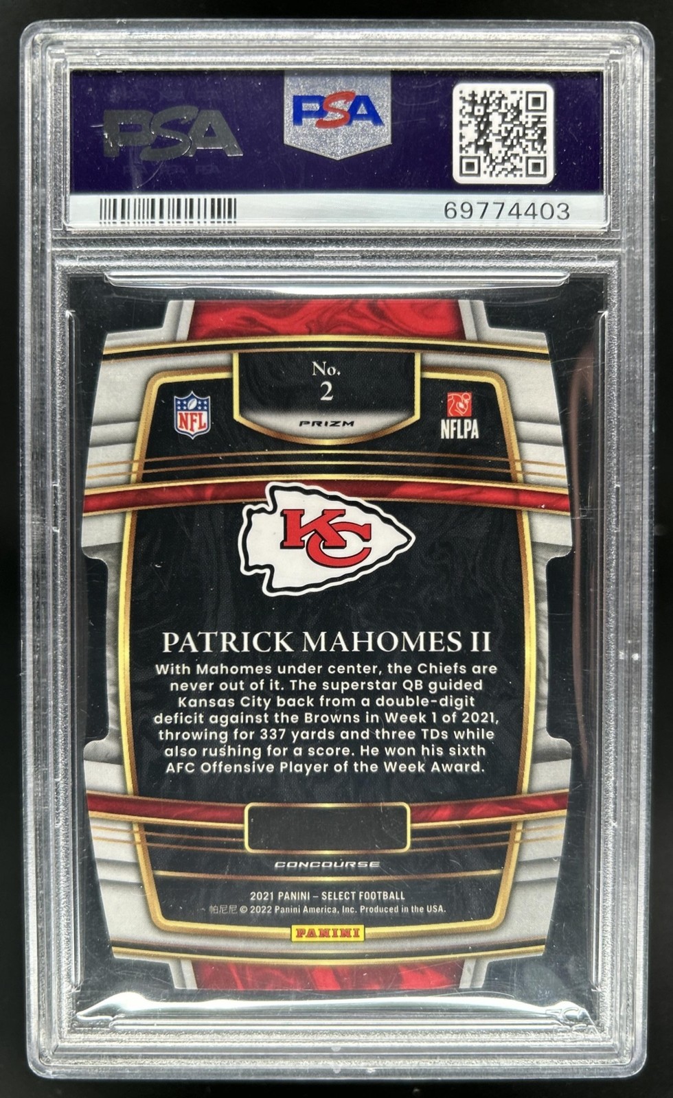 2021 Panini Select Patrick Mahomes II Silver Prizm Die Cut Concourse #2 PSA 9 view 2