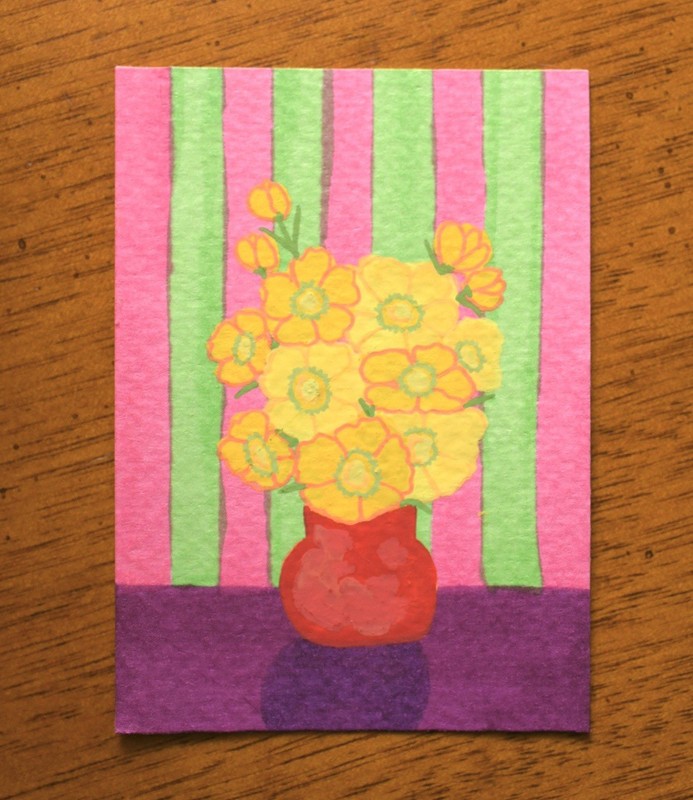 ACEO Original Painting Flower Vase Still Life Acrylic Mini Art Card 2.5x3.5 