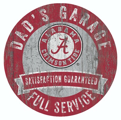 Alabama Crimson Tide Dad's Garage - Wood Sign NEW 12'' Round Circle Father's Day