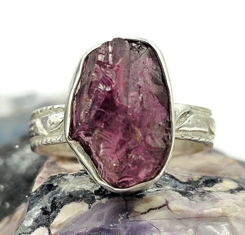 Raw Garnet Ring, Size O, Sterling Silver, Rough Gemstone, January Birthstone - Bild 4 von 7