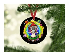HIPPIE MUSHROOM INSPIRED ART CUSTOM 3.5" ROUND METAL HANGING ORNAMENT GIFT TAG