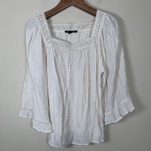 Zac and Rachel Cream Lightweight Flowy Crochet Square Neck Boho Blouse Size XL