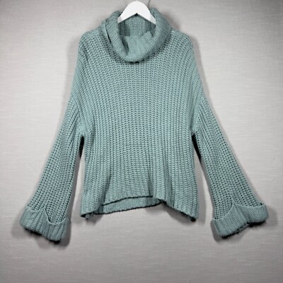 525 Sweater Womens Large Blue Bell Sleeve Knit Turtleneck Casual Cozy  Neutral