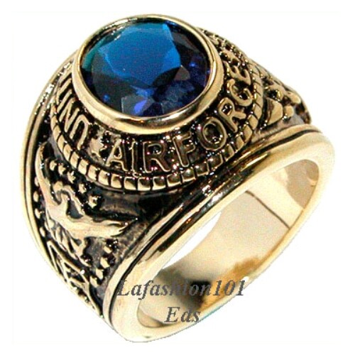 14K Vergoldet Ionenbeschichtet Breitband Blau Saphir CZ Herren Luftwaffe Militär Ring - Bild 31 von 31