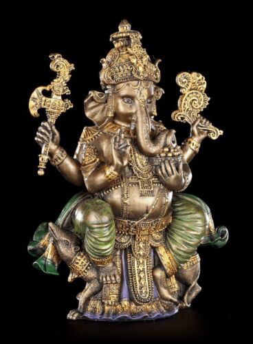 Buddha Figura Ganesha Color Bronzo Giostre Su Ratto - Statua Indù Elefanti Dio - Foto 1 di 7