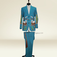 Men Blue 2Pc Customized Vintage Western Suit Cactus Embroidered Cowboy Wear Set