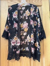 Jolt Cover Up Kimono Womens XS Black Floral Lace Open Front Boho Lightweight