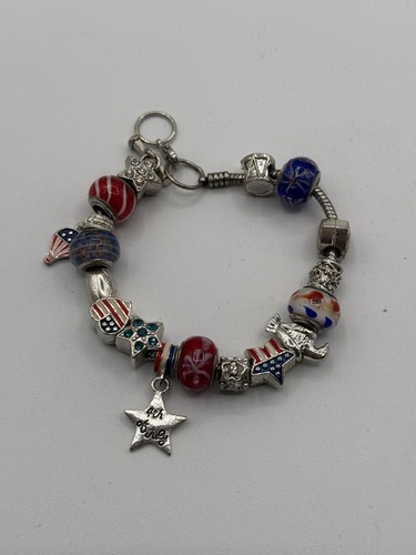 Patriotic Charm Bracelet Slide Art Glass Rhinestone Silver Tone Enamel July 4th