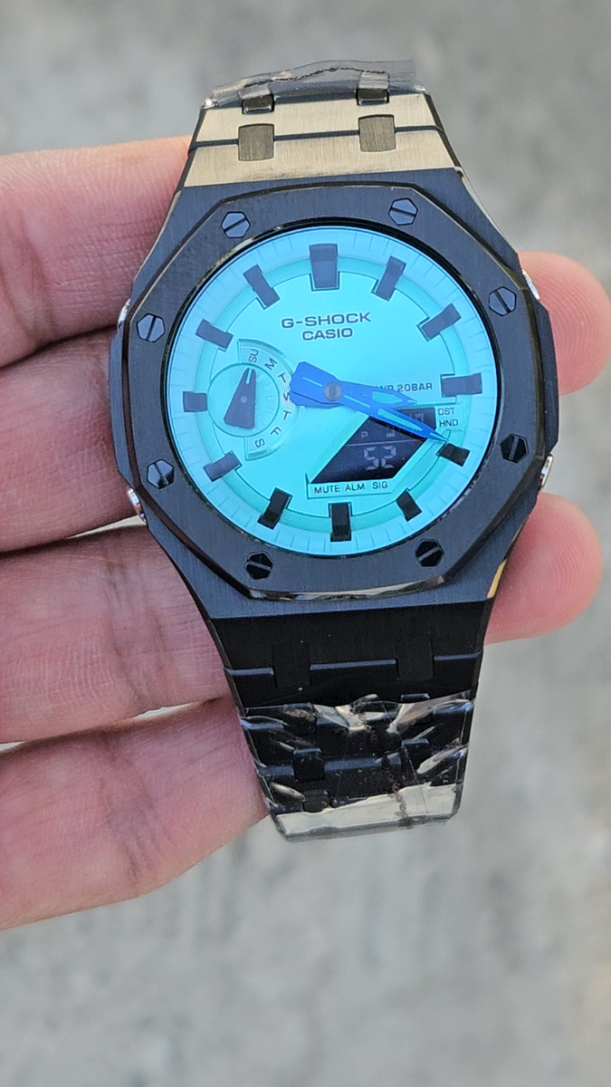 Modified Casio GA-2100 Watch – Custom Metal Strap – Ice Blue Dial