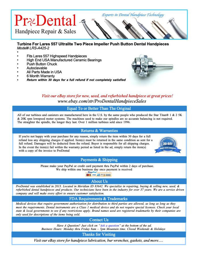 Turbine For Lares 557 Ultralite Two Piece Impeller Push Button Dental