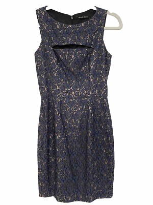 Black Halo Addison Lace Blue Gold Lined Sheath Cut Out Dress Fulling Lined Zip