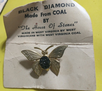 WEST VIRGINIA BLACK DIAMOND COAL GOLD TONE PIN BROOCH BUTTERFLY HOUSE OF STONES