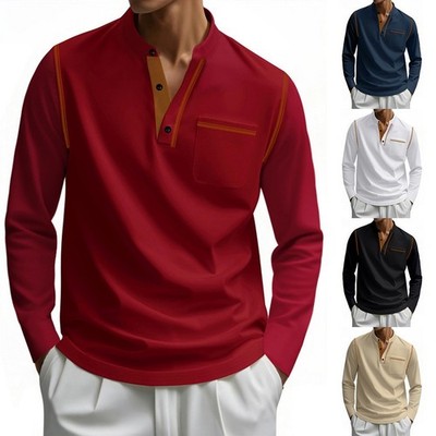 Pullover T-Shirt Herren Langarm Loose Fit Shirt Stretch Stoff Knopfleiste