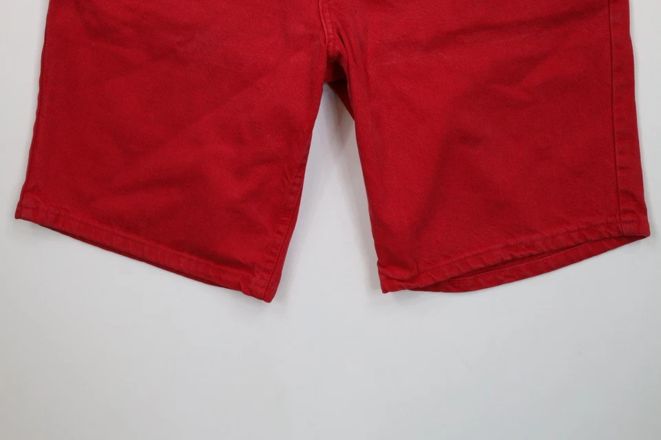 Shorts jeans vintage anos 90 Perry Ellis masculino 30 desbotado soletrar vermelho EUA - Imagem 4 de 4