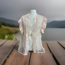 Vintage Alana Gale One Size Pink Peach Lacey Sheer Nylon Robe Floral Cap Sleeves