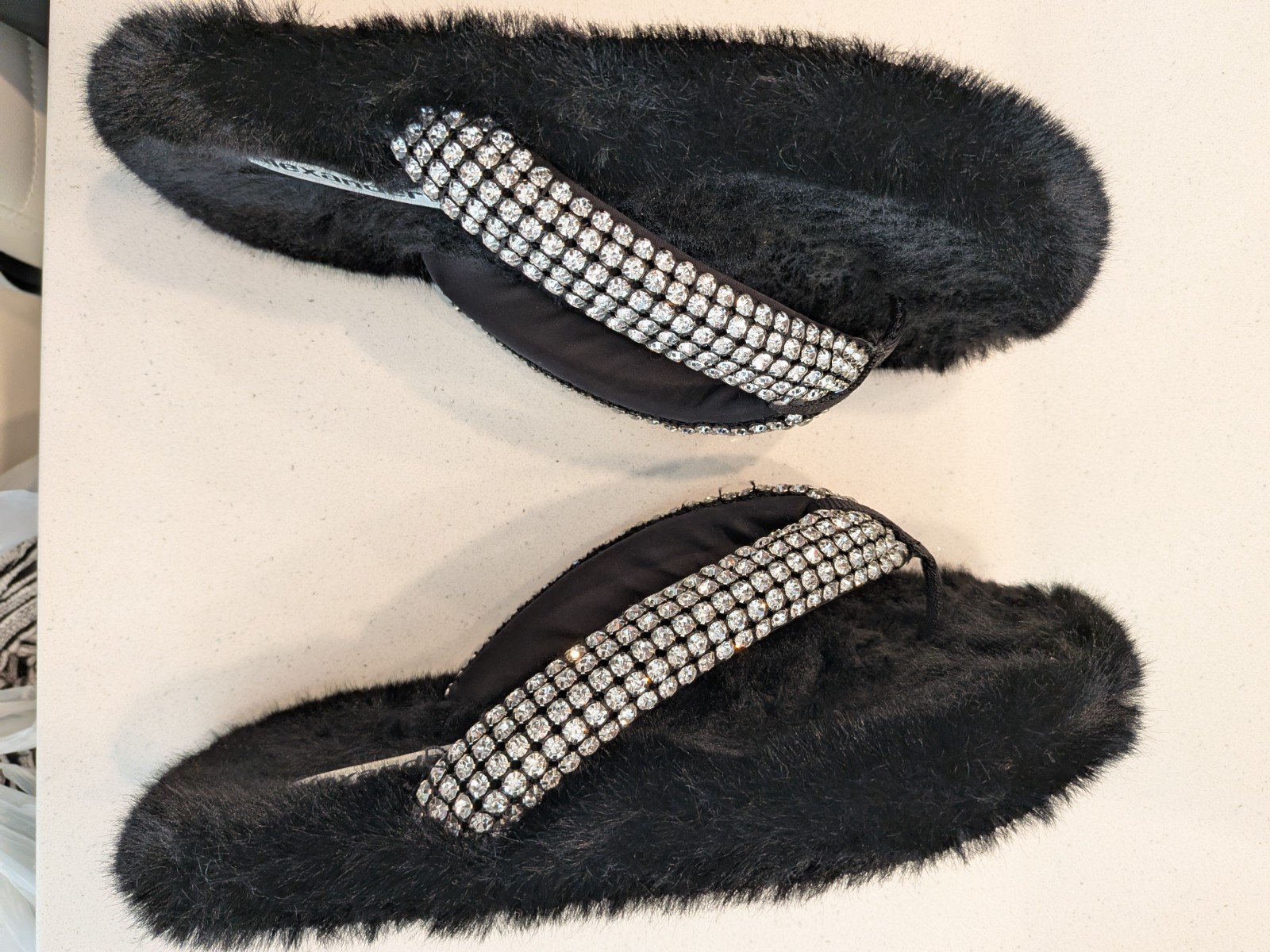 Alexander Wang Motel Crystal Embellished Faux Fur Thong Sandal | Black | Size 9 image 3