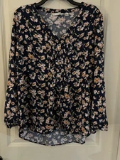 Lauren Conrad XL Navy Blue Long Sleeve V-Neck Top Floral Rayon Button-Up Flowy