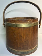 Antique Primitive Firkin Sugar Bucket Drop Handle 7” H 2 Bands Copper Nails