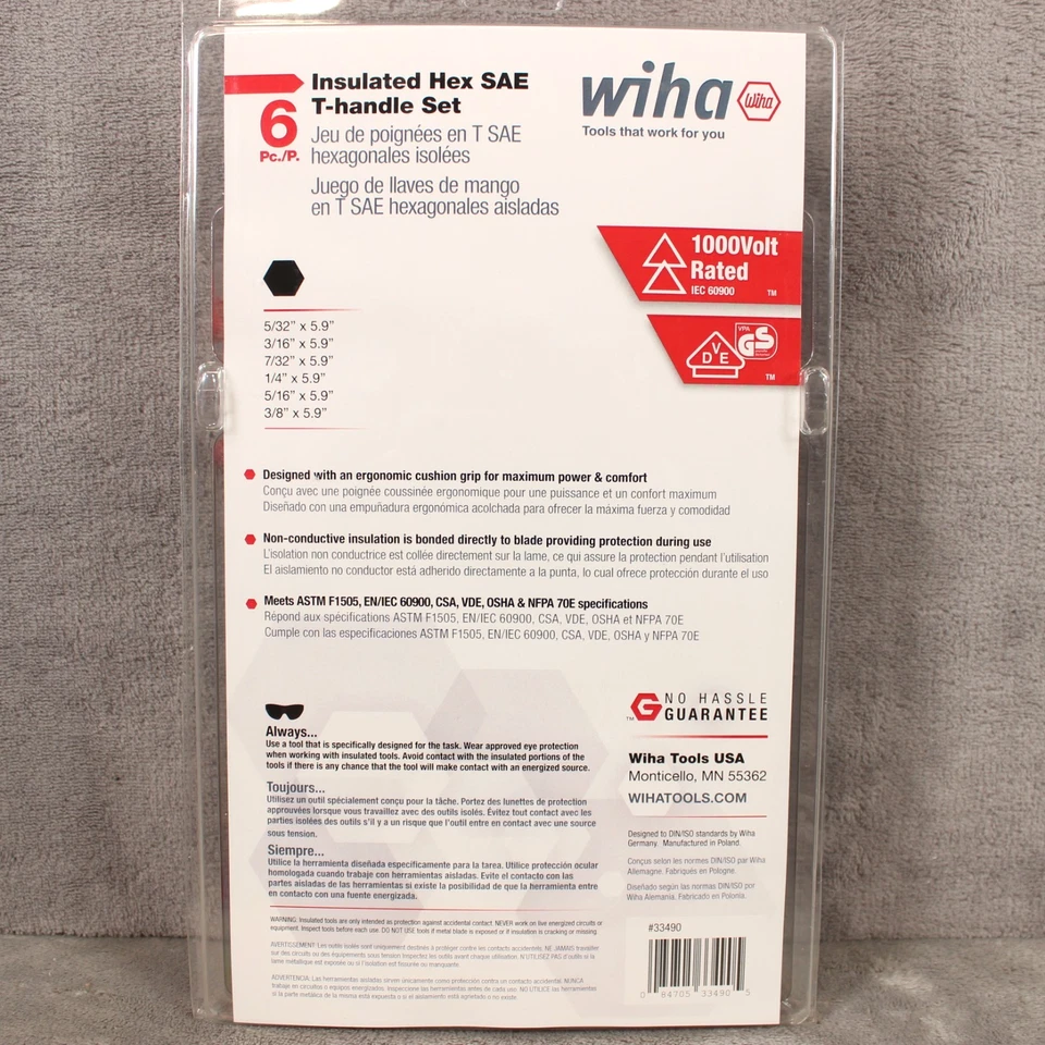 NEW Wiha 33490 6 Piece SAE Standard T-Shape Hex Key Set Insulated 1000v Volts - Image 2 of 3