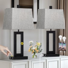 Touch Control Table Lamp Set of 2 USB Ports AC Outlet 3 Way Dimmable Cinkeda