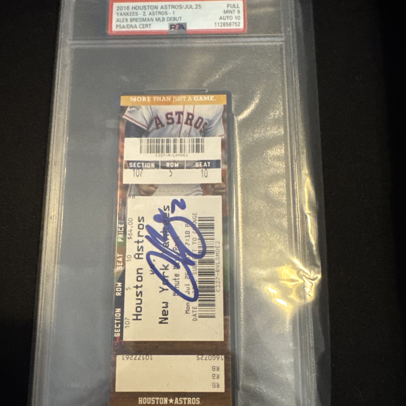 Alex Bregman Signed Astros MLB DEBUT GAME FULL TICKET Stub PSA Mint 9 Auto 10