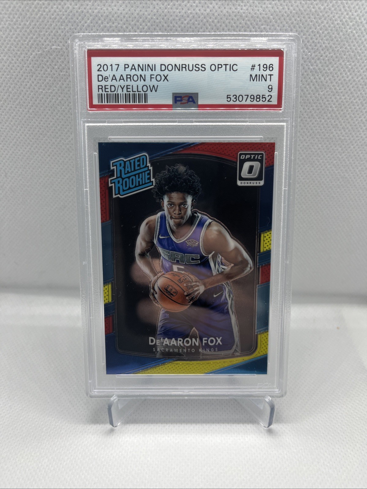 2017-18 Donruss Optic De’Aaron Fox RC Red and Yellow #196 Kings PSA 9