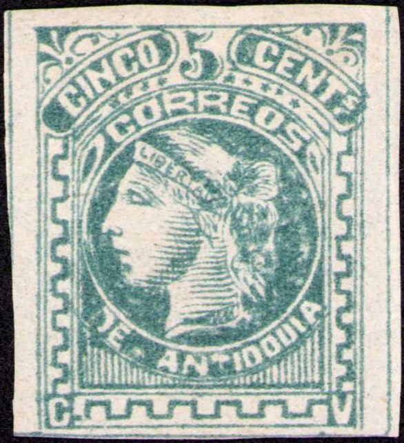 COLOMBIA - ANTIOQUIA - 1883 - 5c LAID PAPER STAMP - Sc 38a - $ 350+