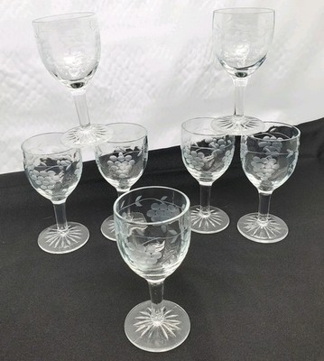 7 Wine Glasses Clear By Standard Glass Cut Grape Pattern 4 5/8  Tall Optic Glass