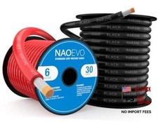 Marine Wire, Tinned Copper Wire, 30 FT Black  30 FT Red 30ft 6 Gauge