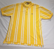 Vintage 1990s Tommy Hilfiger Men's XL Yellow Vertical Striped Short Sleeve Polo