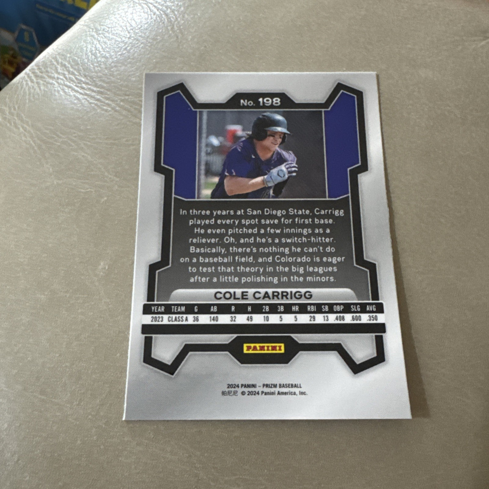 2024 Panini Prizm Baseball #198 Cole Carrigg - Colorado Rockies view 2