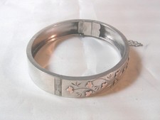 Bracelet JONC Ancien - ARGENT / VERMEIL - Motif Feuilles - Chaine de Sécurité