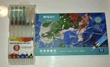 M&G 24 Color Acrylic Paint Set + Miao Yi 6 Water Brush Pens Art Kit NEW