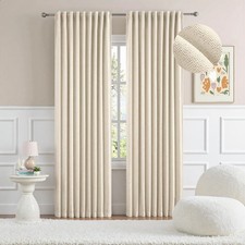 Beige Faux Linen Blackout Curtain 84 Inch Long 2 Panels Set Rod Pocket/Back T...