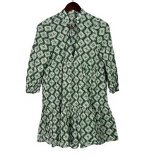 Zara Oversized Cadie Geometric Print Tiered Pleated Mini Dress Tie XS Green