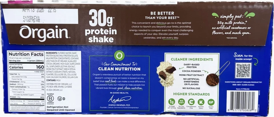 Batido de proteínas Orgain Milk 30 g chocolate dulce de azúcar 11 fl oz, 18 unidades Foto 2 de 3