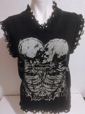 US 38 Women's Tattered Knitted Vest Romwe size Medium Love Skeleton Skulls Goth