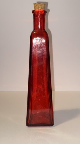 Vintage Red Glass Bottle Cork Lid Decorative Apothecary Bud Vase 7” Tall