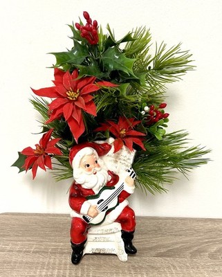 Vintage Calart Santa Playing Guitar Christmas Planter Plastic Flowers Japan MCM