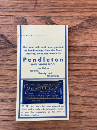 Vintage NOS Pendleton Woolen Mills Virgin Wool Clothing Tag “Hand Tailored From”