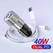 40W Dual Type C Car Charger Adapter USB C To C Cable For iPhone 14 13 12 11 Pro