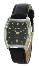 Elgin Men's Leather band Two Tone Watch with Date Window Diamond Dial FG109BLK