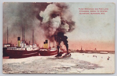 Superior Wisconsin WI Tugs Breaking Ice for Lake Steamers Great Lakes Ships 1907