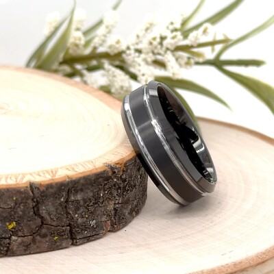 8mm Black Tungsten Christmas Gifts Her Ring Silver Dual Strip Polished Edge Band