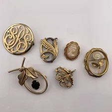 Vintage Gold Filled Brooch Jewelry Lot Cameo Chatelaine Hook Rose + Some Signed