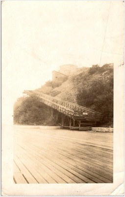 Sepia Photograph of Wooden Ramp & Coastal Stone Tower on Brush Hillside 1950s