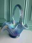 Fenton Light Blue Iridescent Carnival Glass Basket Vase, Ruffled Rim - Floral