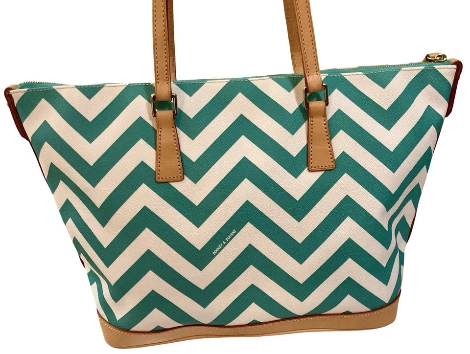Dooney Bourke Turquoise White Chevron Coated & Vacchetta Leather Large Tote Bag - Image 4 of 4