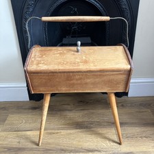 Mid Century Vintage Wooden Danish Style Sewing Box on Movable Legs Carry Handle